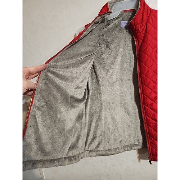 Laura Scott Quilted Vest Red Grey Faux Fur Lining sz Large Pockets - Picture 4 of 9